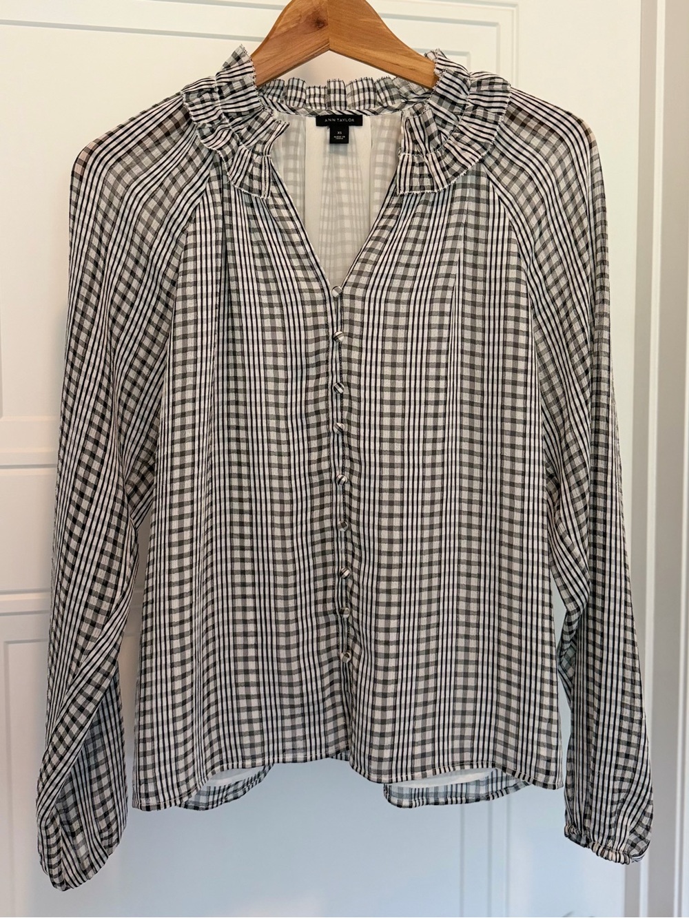 Ann Taylor Black & White Check Ruffle-Neck Button Down Shirt